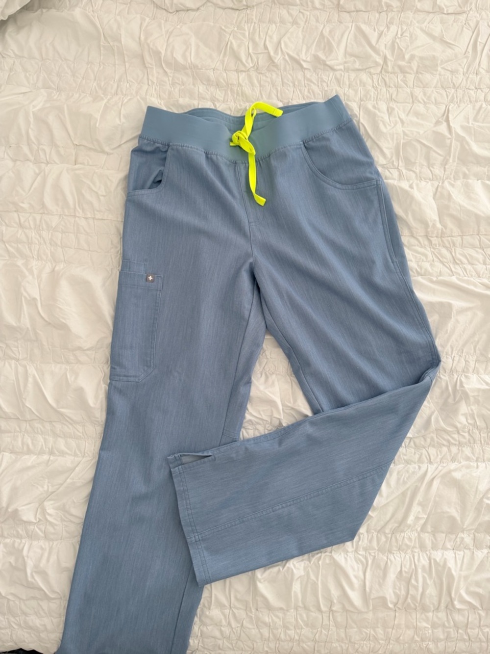 FIGS Women’s Denim Blue Drawstring Pocket Scrub Pants with Yellow Tie